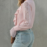 V-Neck Eyelash Lace Patch Ruffles Button Down Blouse Top