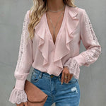 V-Neck Eyelash Lace Patch Ruffles Button Down Blouse Top
