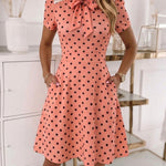 Women's Polka Dot A Line Dress Vintage Tie Neck Puff Sleeve Lace Patchwork Commuting Dress with Pockets