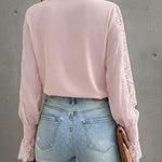V-Neck Eyelash Lace Patch Ruffles Button Down Blouse Top