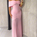 Foldover Off Shoulder Ruched Cinched Waist Minimalist Evening Dress Slim Fit Mermaid Hem Party Dress