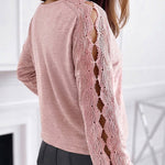 Women's Lace Patchwork V-Neck Top Hollow Out Drop Shoulder Long Sleeve Knit Pullover Elegant Loose Fit Casual Tee