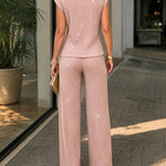 Women's Rhinestone Textured 2 Piece Outfits Mock Neck Cap Sleeve Ruched Top and Wide Leg Pants Set Casual Work Suit