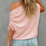 Skew Neck Drawstring Sleeve Loose Fit Casual Top