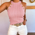 Women's Halter Neck Knit Tank Top Gold Button Cable Knit Vest Sleeveless Slim Fit Ribbed Top