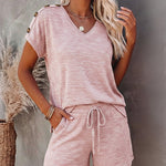 Women's V Neck Short Sleeve Top and Drawstring Shorts Set Casual Loose Fit Loungewear Two Piece Outfit with Pockets