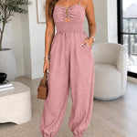 Women's Chain Strap Jumpsuit Hollow Out Shirred Waist Overalls Casual Jogger Jumpsuit with Pockets