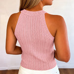 Women's Halter Neck Knit Tank Top Gold Button Cable Knit Vest Sleeveless Slim Fit Ribbed Top