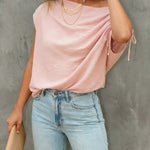 Skew Neck Drawstring Sleeve Loose Fit Casual Top
