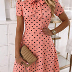 Women's Polka Dot A Line Dress Vintage Tie Neck Puff Sleeve Lace Patchwork Commuting Dress with Pockets