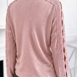 Women's Lace Patchwork V-Neck Top Hollow Out Drop Shoulder Long Sleeve Knit Pullover Elegant Loose Fit Casual Tee