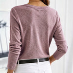 Women's V-Neck Button Decor Knit Top Long Sleeve Slimming Tee with Chest Pocket Casual Soft Pullover