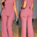 Women's 2 Piece Set Mock Neck Ruched Open Back Button Slit Top and Wide Leg Pants Casual Outfits with Pockets