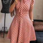 Women's Polka Dot A Line Dress Vintage Tie Neck Puff Sleeve Lace Patchwork Commuting Dress with Pockets