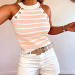 Women's Striped Halter Knit Tank Top Sleeveless Rib-Knit Camisole Gold Button Detail Slim Fit Summer Top