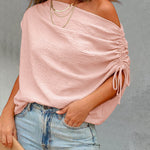 Skew Neck Drawstring Sleeve Loose Fit Casual Top