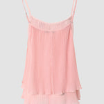 Women's Pleated Cami Top Pearls Decor Spaghetti Strap Tank Layered Ruffle Hem Flowy Sleeveless Chiffon Top