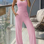 Women's 2 Piece Lace Trim Stripe Lounge Set Sleeveless Tank Top and Wide Leg Pants Set Rib Knit Pajamas Set with Pockets
