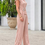 Women's Rhinestone Textured 2 Piece Outfits Mock Neck Cap Sleeve Ruched Top and Wide Leg Pants Set Casual Work Suit
