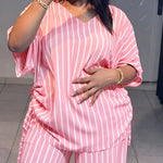 Women's Striped 2 Piece Outfits V Neck Short Sleeve Drawstring Top and Wide Leg Pants Set with Pockets