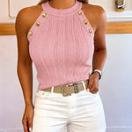 Women's Halter Neck Knit Tank Top Gold Button Cable Knit Vest Sleeveless Slim Fit Ribbed Top