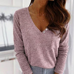 Women's V-Neck Button Decor Knit Top Long Sleeve Slimming Tee with Chest Pocket Casual Soft Pullover