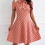 Women's Polka Dot A Line Dress Vintage Tie Neck Puff Sleeve Lace Patchwork Commuting Dress with Pockets