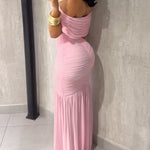 Foldover Off Shoulder Ruched Cinched Waist Minimalist Evening Dress Slim Fit Mermaid Hem Party Dress