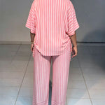 Women's Striped 2 Piece Outfits V Neck Short Sleeve Drawstring Top and Wide Leg Pants Set with Pockets