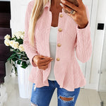 Women's Argyle Cable Knit Jacket Elegant Lapel Collar Gold Button Down Cardigan Ruffle Hem Long Sleeve Coat
