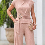 Women's Rhinestone Textured 2 Piece Outfits Mock Neck Cap Sleeve Ruched Top and Wide Leg Pants Set Casual Work Suit