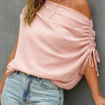 Skew Neck Drawstring Sleeve Loose Fit Casual Top