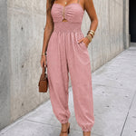 Women's Chain Strap Jumpsuit Hollow Out Shirred Waist Overalls Casual Jogger Jumpsuit with Pockets
