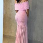 Foldover Off Shoulder Ruched Cinched Waist Minimalist Evening Dress Slim Fit Mermaid Hem Party Dress