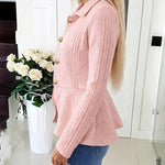 Women's Argyle Cable Knit Jacket Elegant Lapel Collar Gold Button Down Cardigan Ruffle Hem Long Sleeve Coat