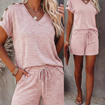 Women's V Neck Short Sleeve Top and Drawstring Shorts Set Casual Loose Fit Loungewear Two Piece Outfit with Pockets