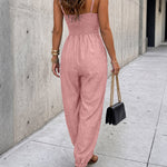 Women's Chain Strap Jumpsuit Hollow Out Shirred Waist Overalls Casual Jogger Jumpsuit with Pockets