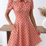 Women's Polka Dot A Line Dress Vintage Tie Neck Puff Sleeve Lace Patchwork Commuting Dress with Pockets