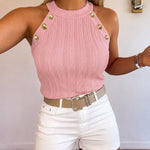 Women's Halter Neck Knit Tank Top Gold Button Cable Knit Vest Sleeveless Slim Fit Ribbed Top