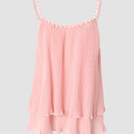 Women's Pleated Cami Top Pearls Decor Spaghetti Strap Tank Layered Ruffle Hem Flowy Sleeveless Chiffon Top