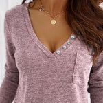 Women's V-Neck Button Decor Knit Top Long Sleeve Slimming Tee with Chest Pocket Casual Soft Pullover