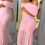 Foldover Off Shoulder Ruched Cinched Waist Minimalist Evening Dress Slim Fit Mermaid Hem Party Dress