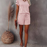 Women's V Neck Short Sleeve Top and Drawstring Shorts Set Casual Loose Fit Loungewear Two Piece Outfit with Pockets