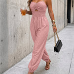 Women's Chain Strap Jumpsuit Hollow Out Shirred Waist Overalls Casual Jogger Jumpsuit with Pockets