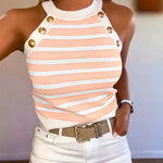 Women's Striped Halter Knit Tank Top Sleeveless Rib-Knit Camisole Gold Button Detail Slim Fit Summer Top