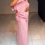 Women's Striped 2 Piece Outfits V Neck Short Sleeve Drawstring Top and Wide Leg Pants Set with Pockets