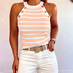 Women's Striped Halter Knit Tank Top Sleeveless Rib-Knit Camisole Gold Button Detail Slim Fit Summer Top