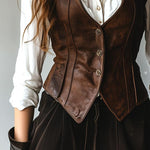 Retro Waist-cinched Button Down Leather Waistcoat