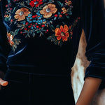 Elegant Stand Collar Embroidery Velvet Long Sleeves Top
