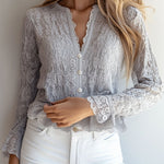 Stylish V-neck Button Down Long Sleeve Lace Shirt